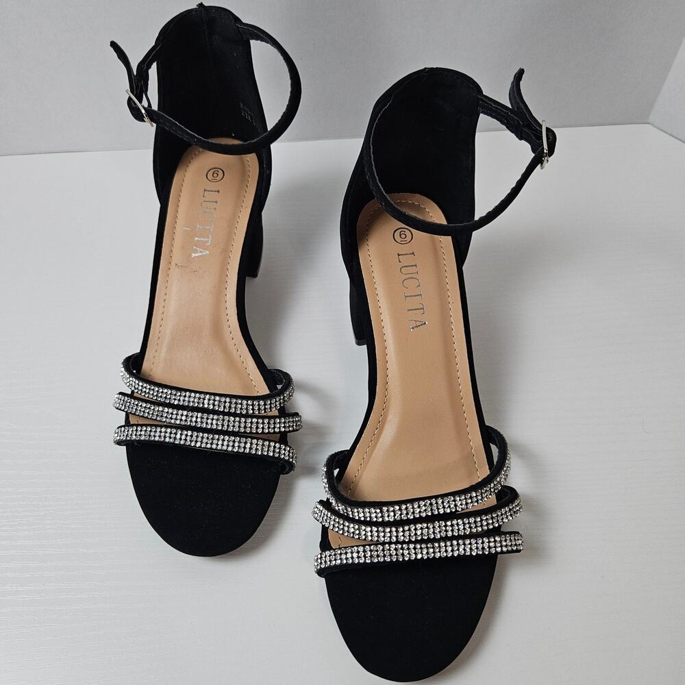 Lucita womens sz 6 black sues rhinestone Chunky heel church ceremony goth glam